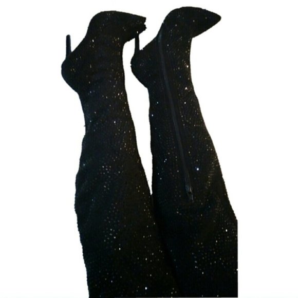 C - BELLA LUNA 7.5 BLACK RHINESTONE SPARKLY BOOTS OTK holiday party womens - Picture 7 of 11